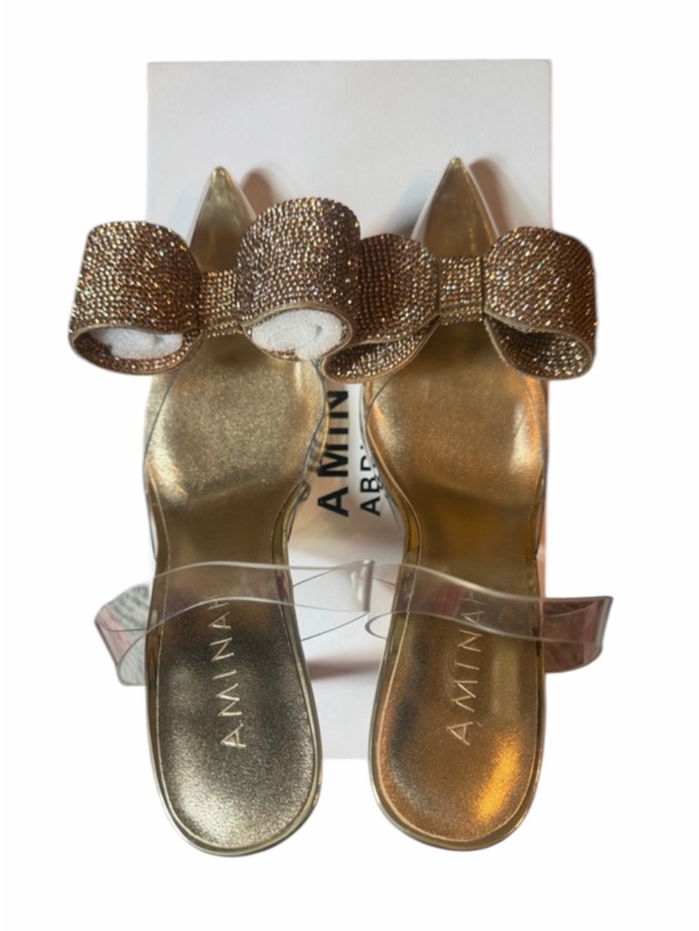 New Aminah Abdul Jillil ALORA TUXEDO
CLEAR + GOLD CRYSTAL BOW 4" Heels Size 8 - Picture 9 of 12
